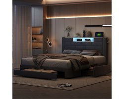 Tweepersoonsbedden 140x200 cm - Tienerbed - Volwassenbed - Gestoffeerd bed - 3 lades - 2 USB-poorten - RGB LED lichtstrip - open opbergvakken - fluweel gestoffeerd hoofdbord - metalen frame - lattenbodem - minimalistische stijl - grijs