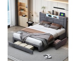 Tweepersoonsbedden 140x200 cm, Tienerbed, Volwassenbed, Gestoffeerd bed, 3 lades, 2 USB-poorten, RGB LED lichtstrip, open opbergvakken, fluweel gestoffeerd hoofdbord, metalen frame, lattenbodem, minimalistische stijl, grijs