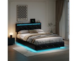 Tweepersoonsbedden 140x200 cm - Tweepersoonsbed - RGB LED-lichtstrip - PU gestoffeerd hoofdeinde - Opbergvak aan het bed - Metalen frame - Meerlaagse lattenbodem - Antislipvoetjes - Veel opbergruimte - Lichte luxe stijl - Zwart