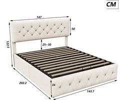 Tweepersoonsbedden 140x200 cm, verstelbaar fluwelen hoofdeinde hydraulische hendelfunctie, metalen bedframe met opbergruimte, slaapkamer Opbergbed, Tienerbed, modern Volwassen bed, beige