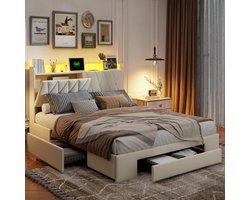 Tweepersoonsbedden 140x200 cm - Volwassenbed - Jeugdbed - Gestoffeerd bed - Hoofdbord bekleed met fluweel - - Opbergvak voor hoofdeinde - 3 lades - RGB-lichtstrip - USB-aansluiting - Metalen frame - Houten lattenbodem - Moderne stijl - Beige