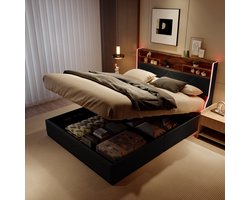 Tweepersoonsbedden 140x200 cm - Volwassenbed - Jeugdbed - Gestoffeerd bed - Hydraulisch liftsysteem - Open opbergvakken - PU gestoffeerd hoofdbord - Geometrisch patroon - USB poort - LED lichtstrip - Metalen frame - Lattenbodem - zwart