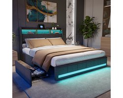 Tweepersoonsbedden 140x200 cm - Volwassenbed - Jeugdbed - Zacht Tas bed - Linnen gestoffeerd hoofdeinde - Opbergrek - 2 USB-poorten 1 TP-C-poort - RGB LED lichtstrip - Metalen frame - Lattenbodem - 4 lades - Grote opbergcapaciteit - grijs