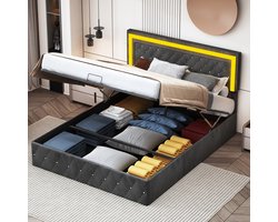 Tweepersoonsbedden 140x200 cm - Volwassenbed - Tienerbed - Gestoffeerd bed - Hoofdbord bekleed met fluweel - LED-lichtstrip - Hydraulisch hefsysteem - Metalen frame - Lattenbodem - Button design - Grote opbergruimte - Hedendaagse stijl - Zwart