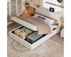Tweepersoonsbedden 140x200 cm - Zacht Tas bed - Youth bed - Adult bed - Hydraulic lift - USB Type-C charging port - Linen upholstered headboard - Metal frame - Solid wood slats - Grote opslagruimte - Modern style - Beige