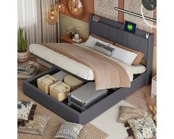 Tweepersoonsbedden 140x200 cm - Zacht Tas bed - Youth bed - Adult bed - Hydraulic lift - USB Type-C charging port - Linen upholstered headboard - Metal frame - Solid wood slats - Grijs opslagruimte - Modern style - Beige