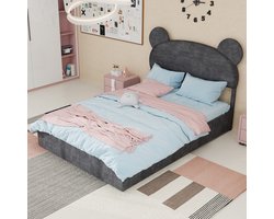 Tweepersoonsbedden - 140x200CM - Modern Minimalistisch Zacht Bed Cartoon Hoofdbord Hoge Box Met Gaslift - Grijs (Geen Matras)