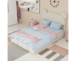 Tweepersoonsbedden - 140x200CM - Modern Minimalistisch Zacht Bed Met Cartoon Hoofdbord - Hoge Box Met Gaslift - Beige (Geen Matras)