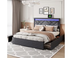 Tweepersoonsbedden 160x200 cm - Gestoffeerd bed - Volwassen Bed - Tienerbed - Linnen gestoffeerd hoofdbord - Slimme RGB LED-lichtstrip - 4 lades - USB Type-C poort - Metalen frame - Lattenbodem - Grote opbergruimte - eenvoud stijl - Donkergrijs