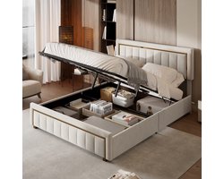 Tweepersoonsbedden 160x200 cm, Gestoffeerd voor slaapkamers, jeugdbed, Opbergbed, Logeerbed, Goud gestreept gestoffeerd hoofdbord, Open opslaglaag, hydraulische stangen, Grote opslagruimte, metalen frame lattenbodem, Beige, matras niet inbegrepen