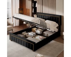 Tweepersoonsbedden 160x200 cm, Gestoffeerd voor slaapkamers, jeugdbed, Opbergbed, Logeerbed, Goud gestreept gestoffeerd hoofdbord, Open opslaglaag, hydraulische stangen, Grote opslagruimte, metalen frame lattenbodem, zwart, matras niet inbegrepen