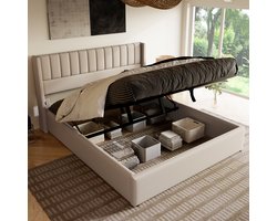 Tweepersoonsbedden 160x200 cm - Hydraulisch hefsysteem - PU gestoffeerd hoofdeinde - Metalen frame - Dikke lattenbodem van massief hout - Antislipvoetjes - Ruime opbergruimte - Moderne stijl - Beige