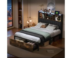 Tweepersoonsbedden 160x200 cm - LED RGB-lichtstrip - Smart USB-poort - Twee lades - Metalen frame - PU gestoffeerd hoofdbord - Opbergvak voor hoofdbord - Veel opbergruimte - Moderne stijl - Zwart