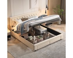Tweepersoonsbedden 160x200 cm, modern gestoffeerd bed, tienerbed, opbergbed, knooppatroon, fluwelen dik gestoffeerd hoofdeinde, hydraulische stang, 2 lades, metalen frame, lattenbodem, slaapkamerbed voor volwassenen, geschikt 2-3 personen, beige