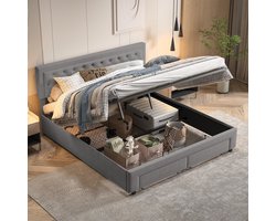 Tweepersoonsbedden 160x200 cm, modern gestoffeerd bed, tienerbed, opbergbed, knooppatroon, fluwelen dik gestoffeerd hoofdeinde, hydraulische stang, 2 lades, metalen frame, lattenbodem, slaapkamerbed voor volwassenen, geschikt 2-3 personen, grijs