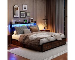 Tweepersoonsbedden 180x200 cm Gestoffeerd, slaapkamer volwassen bed, tienerbed, opbergbed, ijzeren bedframe, open opbergvakken , 4 lades app-gestuurde slimme LED-lichtstrip, dik PU-gevoerd hoofdeinde, ideaal voor tieners en volwassenen, brown