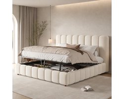 Tweepersoonsbedden 180x200 cm - Opbergbed met hefmechanisme en Lattenbodem - Gestoffeerd bed voor de slaapkamer - Fluweel - Beige