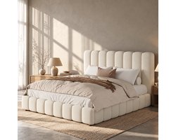 Tweepersoonsbedden 200x200 cm – Met Lattenbodem, Gepolsterd Hoofdbord & Massief Houten Poten – Zonder matras – Beige