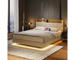 Tweepersoonsbedden Gestoffeerd 140x200 cm, slaapkamer volwassen bed, Verborgen opbergruimte hoofdeinde, afstandsbediening LED lichtlijst, PU gevoerde rugleuning, verborgen poten met lattenbodem, wit