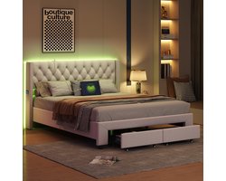 Tweepersoonsbedden Gestoffeerd 180x200 cm, fluwelen hoofdeinde en metalen frame, 4 modi LED-lichtstrip, oplaadfunctie, 2 lades, slaapkamer tweepersoonsbed, gestoffeerd bed - beige