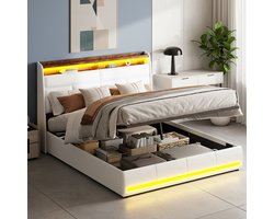 Tweepersoonsbedden Gestoffeerd beg met hoofdbord bekleed PU leer, afstand bedienbare RGB LED lichtstrip, hydraulische hendel, slaapkamer jeugdbed 160x200 cm, modern opbergbed, geschikt voor 2-3 personen, metalen bedframe, lattenbodem, beige