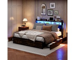 Tweepersoonsbedden Gestoffeerd, slaapkamer volwassen bed, tienerbed, opbergbed 140x200 cm, ijzeren bedframe, open opbergvakken , 4 lades app-gestuurde slimme LED-lichtstrip, dik PU-gevoerd hoofdeinde, ideaal voor tieners en volwassenen, zwart