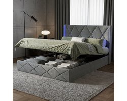 Tweepersoonsbedden Luxe slaapkamer gestoffeerd bed 140x200 cm, ruitpatroon Verdikking hoofdeinde, LED verlichting met afstandsbediening, hydraulische stangen, lattenbodem, opbergruimte, grijs