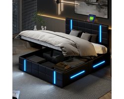 Tweepersoonsbedden Modern 140x200 cm, gestoffeerd bed voor de slaapkamer, bed voor volwassenen, jeugdbed, opbergbed, PU gestoffeerd hoofdeinde met rasterpatroon, USB-oplaadpoort, slimme RGB LED-lichtstrip met 4 functies, hydraulische stang - zwart