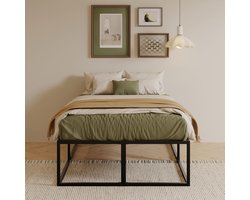 Tweepersoonsbedframe 120x200 cm – Metalen Platform Bed 46 cm Hoog – Zwaar Belastbaar 400 kg – Stalen Lattenbodem – Geluidsvrij – Grote Onderbed Opbergruimte – Eenvoudige Montage – Zwart – Laura