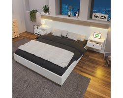 Tweepersoonsbedset met 2 LED-nachtkastjes en USB-C-aansluiting, 140 x 200 cm, houten bed inclusief 2 nachtkastjes, complete slaapkamerset - 205 x 244 x 90,5 cm (L/B/H), Sonoma Eiken/Wit (Matras niet inbegrepen)