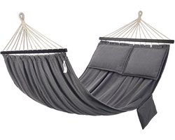 Tweepersoonshangmat - inclusief standaard - 210x150 cm, buiten, met 2 houten palen, 2 kussens, tot 300 kg - Draagbare tas