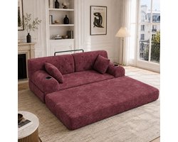 Tweezits Slaapbank, 2-Zitsbank, Gemaakt Van Geperst Corduroy Met Hoge Rugleuning, Metalen Frame, Schuimvulling Met Hoge Dichtheid, 2 Bekerhouders En 4 Zijvakken, Geschikt Voor Woonkamers En Kleine Ruimtes-Rood