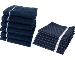 Twentse Damast Theedoeken en keukendoeken set - 6x Theedoeken + 6x Keukendoeken - Katoen - Streep Marineblauw
