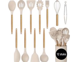 Twenty Two 12-delige keukenset beige | siliconen met houten handgreep | Anti-aanbak | hittebestendig | keukengerei-set | keukenbenodigdheden