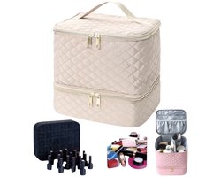Twenty Two™ opbergtas dubbellaags voor 30 flesjes nagellak|lippenstiften|make-up producten | nagellak accessoires tas | groot inhoud | 2 lagen met ritssluiting |beautycase |organizer |luxe manicure tas |reistas voor nagelstyliste | beige/goud/taupe