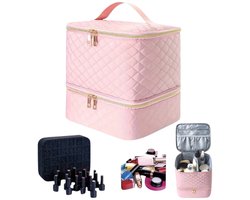 Twenty Two™ opbergtas dubbellaags voor 30 flesjes nagellak|lippenstiften|make-up producten | nagellak accessoires tas | groot inhoud | 2 lagen met ritssluiting | beautycase | organizer | luxe manicure tas | reistas voor nagelstyliste | roze/goud