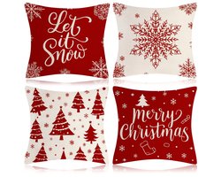 Twenty4seven® Kussensloop Set van 4 Stuks - Kussenhoes Winter & Kerst - Kussenhoezen - Kerstdecoratie - Wit/Rood - 45x45 cm