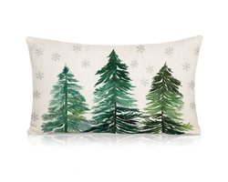Twenty4seven® Linnen Kussensloop Bomen - Kussenhoes Winter & Kerst - Kussenhoezen - Kerstdecoratie - 50 x 30 cm