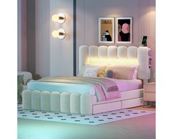 Twijfelaar - 140x200 cm - Gestoffeerd Bed met 4 Lades - LED USB en Stereo - Beige