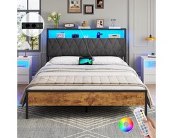 Twijfelaarbedden, 140 x 190cm, Metalen Bedframe met Led Verlichting, Tweepersoonsbed met Stopcontacten en USB, Metalen Latten, Opbergbaar Hoofdbord, Grote Opbergruimte Onder Bed, Geen Lawaai, Geen Boxspring Nodig, Eenvoudige Montage, Zwart