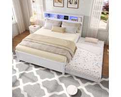 Twijfelbed - met uitschuifbaar bed - met verlichting en oplaadpunten - met opbergruimte - wit - 120x200 cm - 90x190 cm - zonder matras
