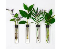 TWILG - Magnetische Muurvaasjes - 4 Stuks - Stek vaasjes - Glas - Zwart leer - Stekjes - Moderne vaas - Stekstation - Wandvaas - Droogbloemen - Reageerbuisjes