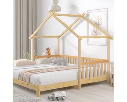 Twin Size Uitschuifbare Huis Bedden- Montessori Houten Dagbed met Dak-Huis Kajuitbed Frame Uitbreidbaar voor Kinderen Peuters Jongens Meisjes Peuter- puur massief hout-naturel (200x90cm)