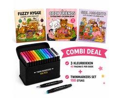 Twinmarkers - 100 STUKS - Alcohol markers - Dubbelzijdige Stiften - Markeerstiften - INC KLEURBOEKJES - Combi deal - Cozy Coloring Book - Fuzzy Hygge - alcoholstiften - Kleuren voor kinderen en volwassenen - Hobby & Professionele Set