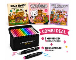 Twinmarkers - 120 STUKS - Alcohol markers - Dubbelzijdige Stiften - Markeerstiften - INC KLEURBOEKJES - Combi deal - Cozy Coloring Book - Fuzzy Hygge - alcoholstiften - Kleuren voor kinderen en volwassenen - Hobby & Professionele Set