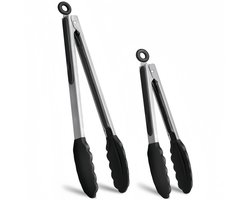 Two sets of black kitchen clips, made of high-quality silicone, non-stick stainless steel, lockable food clips, suitable for barbecue cooking, 9 inches - 12 inches.