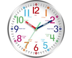 Tyme Kinderklok - Klok Kinderen Modern - Goed leesbaar - Wandklok - Stille 30cm Klok - Analoog - Uurwerk - Muurklok - Quartz - Zilver Wit