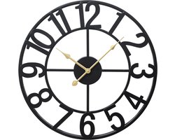Tyme Wandklok Industrieel - Groot 60cm Klok Modern - Analoog - Uurwerk - Groot - Muurklok XXL Industrieel - Quartz - Zwart Metaal met Goudkleurige wijzers
