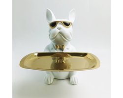 TYPE 103 - BULLDOG WIT MET DIENBLAD WIT EN GOUD - SPAARPOT - POLYRESIN - BEELD BULLDOG - SLEUTELBAK - BULLDOG MET GOUD KLEURIGE SCHAAL