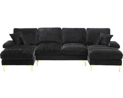 U Bank 310x230 cm – Grote Hoekbank met Dubbele Chaise Longue, Chenille Lounge Bank voor 6 Personen, Gouden Metalen Poten, Inclusief Kussens – Donkergrijs